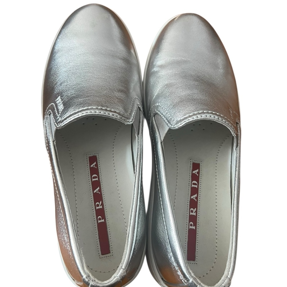 Prada Silver Leather Slip-On Sneakers – Size IT 35 / US 5